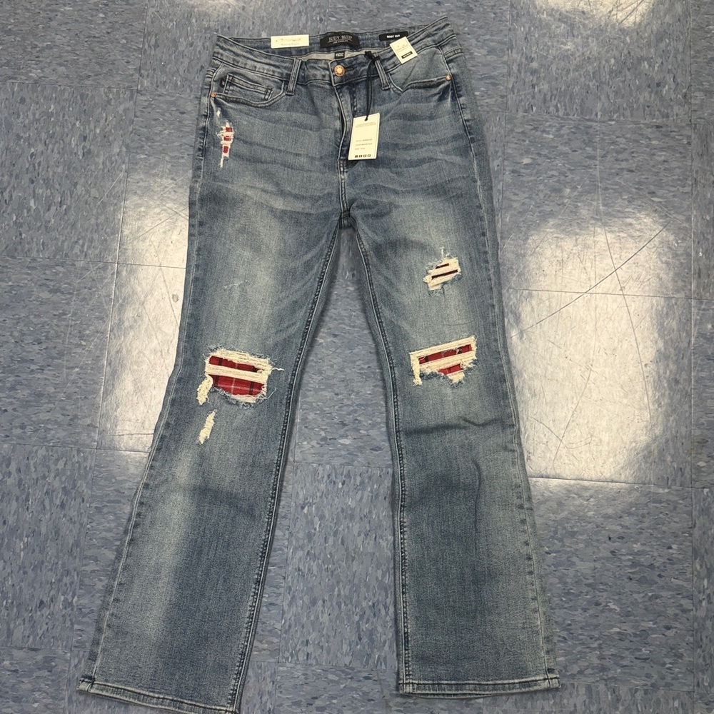Judy Blue Light Blue Distressed Flare Jeans with Red Accents